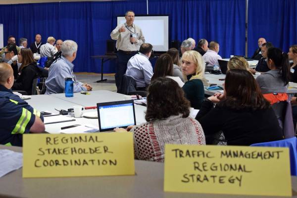 table signs at emergency exercise meeting