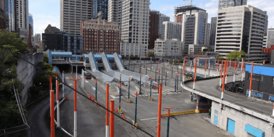 wide shot of bus station