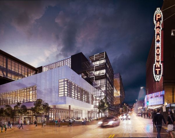 artists rendering of building at night