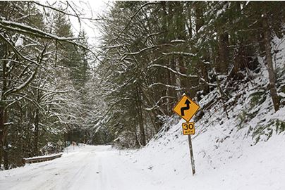 Snow covers a King County road near Enumclaw in February 2019.