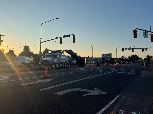 An intersection with several orange cones
