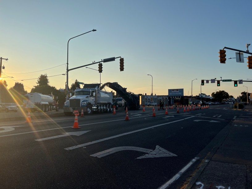 An intersection with several orange cones