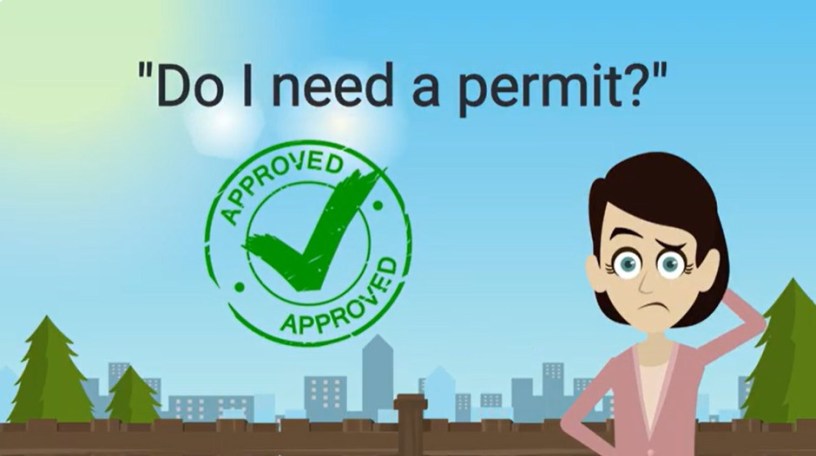 Animated character scratches her head with words "Do I need a permit?" scrawled on video title page