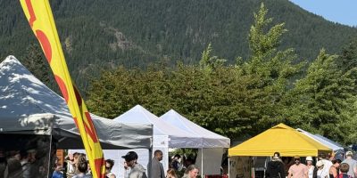 People walking around an outdoor farmers market with a lush mountainside in the background