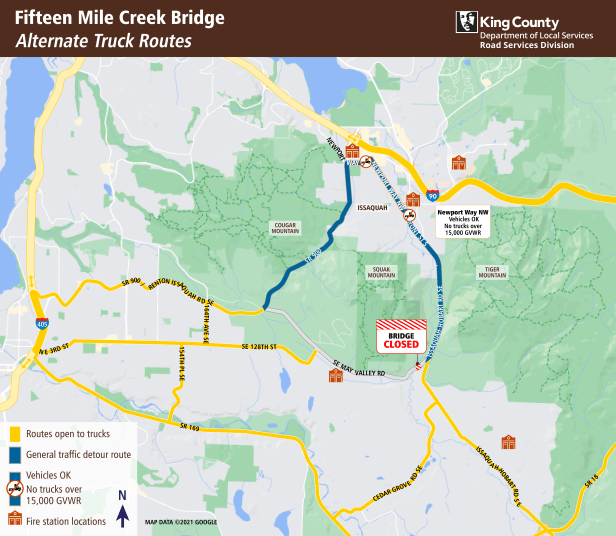 A map of where alternative truck traffic will be detoured during the closure of the Fifteen Mile Creek Bridge.