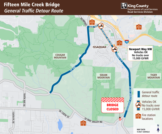 A map of where general vehicle traffic will be detoured during the closure of the Fifteen Mile Creek Bridge.