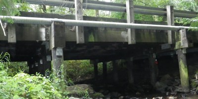 A picture of the Fifteen Mile Creek Bridge near Issaquah in unincorporated King County. The bridge is over a creek, and there greenery and trees surrounding it.