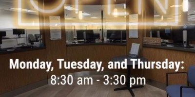 A graphic showing a customer service walk-up area. It is overlayed by text showing hours of operation. At the top of the image is a neon "Open" sign.