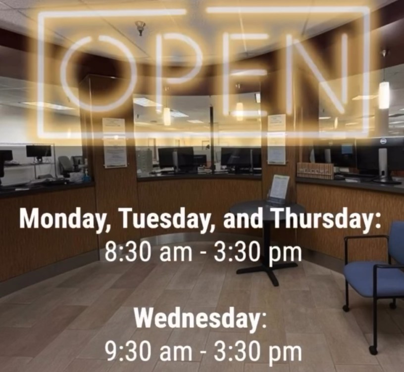A graphic showing a customer service walk-up area. It is overlayed by text showing hours of operation. At the top of the image is a neon "Open" sign.