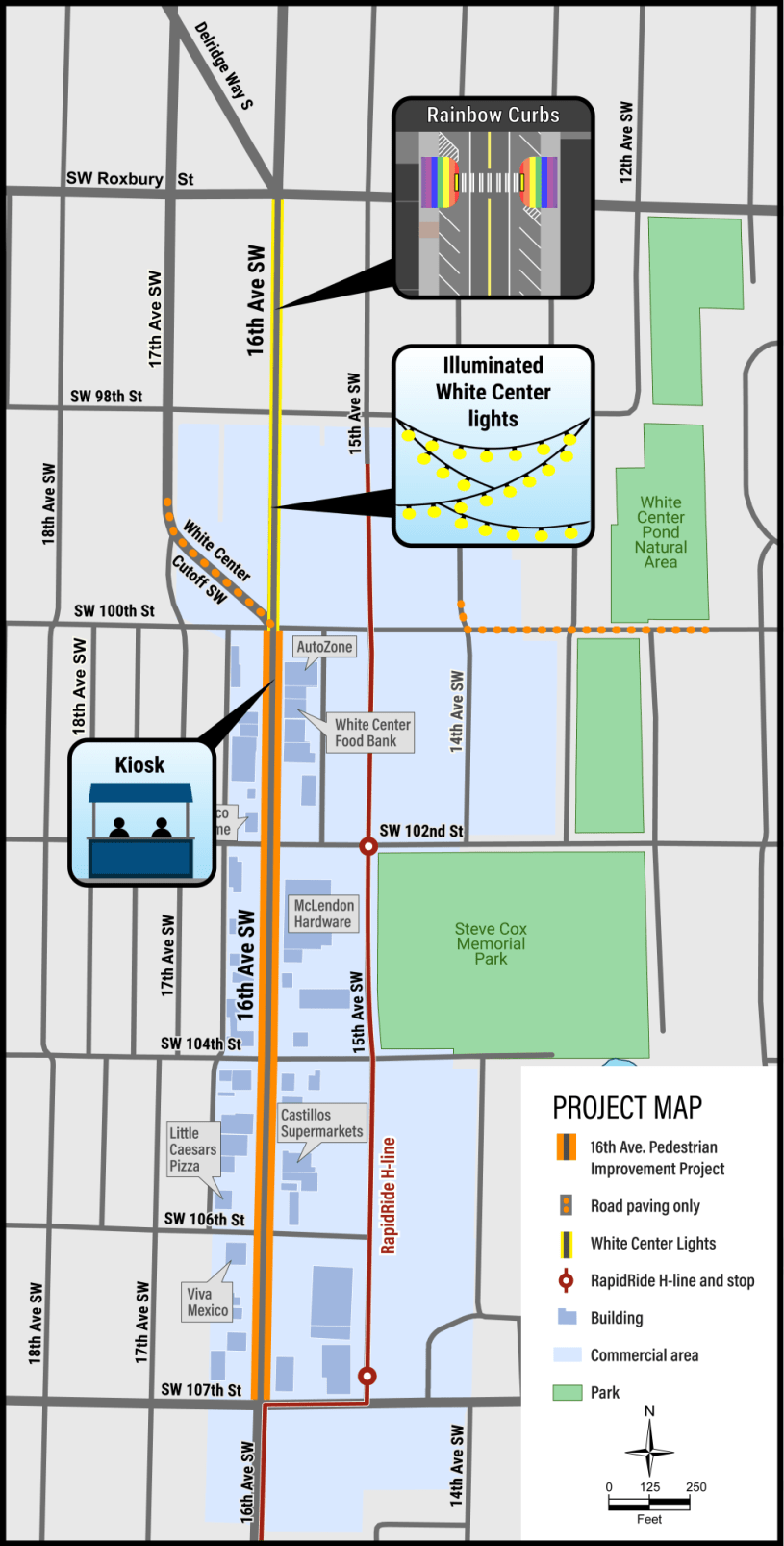 A map depicting several improvements along 16th Avenue SW in White Center
