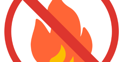 An illustration of an orange fire and circle and line going through it that symbolizes "No."