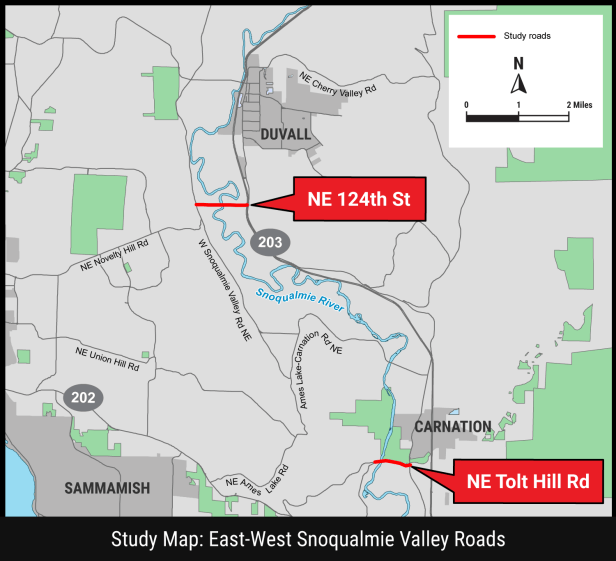A map of the Snoqualmie valley with NE 124th Street marked and NE Tolt Hill Road.